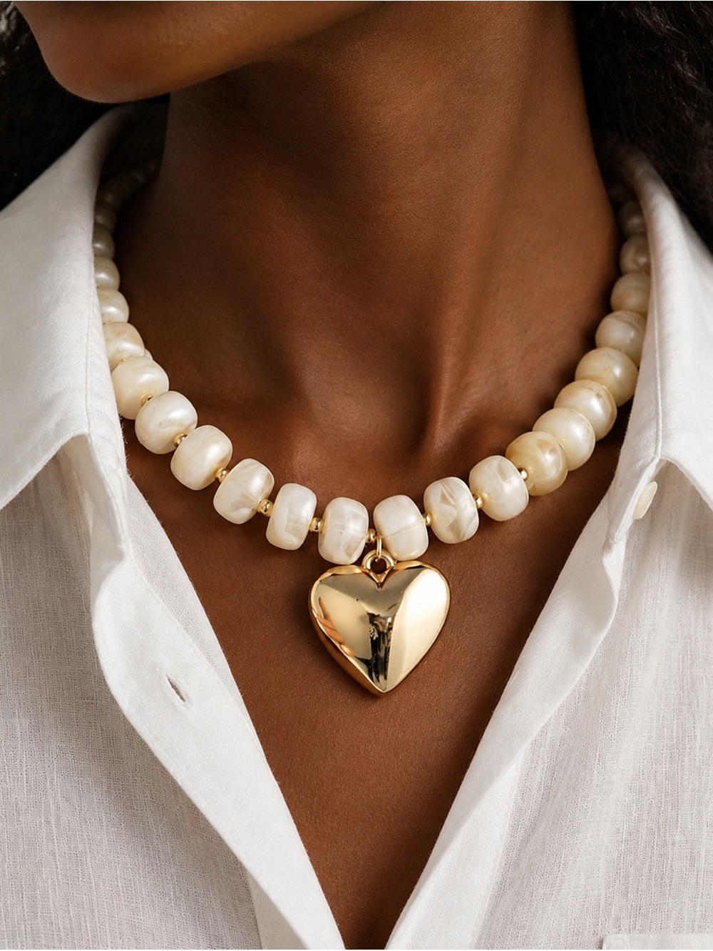 Anthropologie White Pearl Bead Necklace with Gold Heart Pendant
